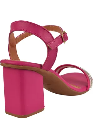 Rosa Chic Calçados Sandália Salto Grosso Feminino Salto Baixo Bloco Brilho Strass Bico Quadrado Pink