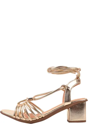 Rosa Chic Calçados Sandália Salto Grosso Feminino Salto Baixo Bloco Amarração Bico Quadrado Dourado