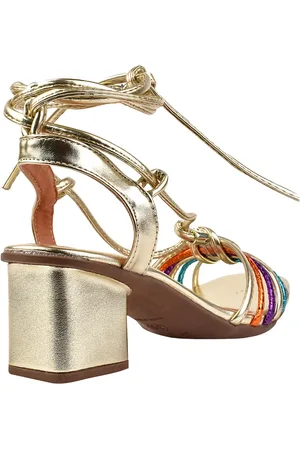 Rosa Chic Calçados Sandália Salto Grosso Feminino Salto Baixo Bloco Amarração Bico Quadrado Dourado