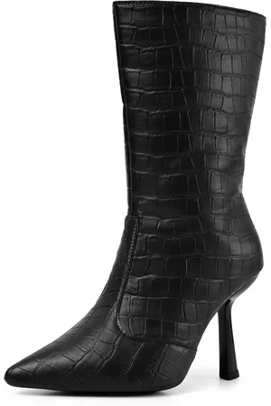 Lumiss Bota Feminina Salto Fino Cano Médio Bico Fino Zíper Confortável Croco
