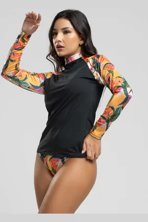 Vicbela Blusa Feminina Segunda Pele Proteção UV 50+ Manga Longa Estampada Moda Praia Verão Preto com Mamão