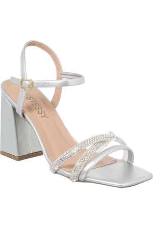 Stessy Shoes Sandália Feminina Brilho Strass Salto Alto Bloco Tiras Metalizada