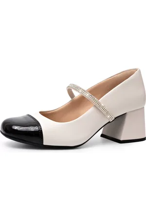 Lumiss Scarpin Feminino Mary Jane Boneca Bicolor Salto Bloco Confortável Strass Brilho Off White
