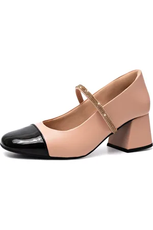 Lumiss Scarpin Feminino Mary Jane Boneca Bicolor Salto Bloco Confortável Strass Brilho