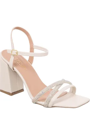 Stessy Shoes Sandália Feminina Brilho Strass Salto Alto Bloco Tiras Off White