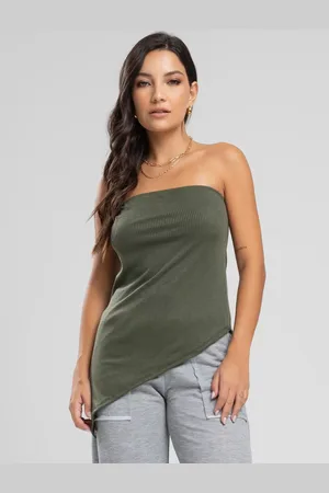 Vicbela Blusa Tomara Que Caia Assimétrica Fenda Lateral Canelada Moda Casual Feminina Verde