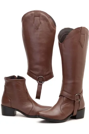 Nine4 Bota Feminina Couro Macio Cano Longo e Curto Casual 2 em 1 Cafe