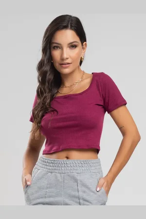 Vicbela Cropped Canelado Decote Quadrado Manga Curta Moda Casual