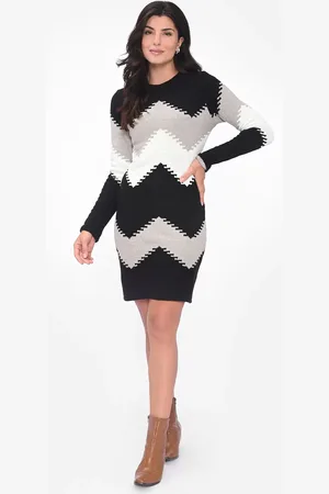 Pink Tricot Vestido Curto Mousse Estampa Geométrica Zig Zag Feminino Preto
