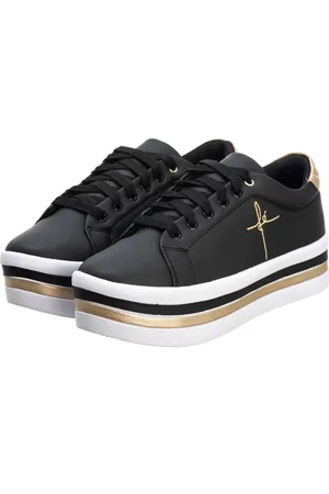 Estilo Shoes Tênis Feminino Salto Plataforma Preto Dourado