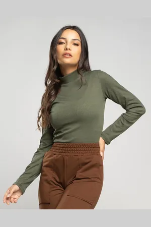 Vicbela Blusa Feminina Canelada Gola Alta Manga Longa Básica Verde