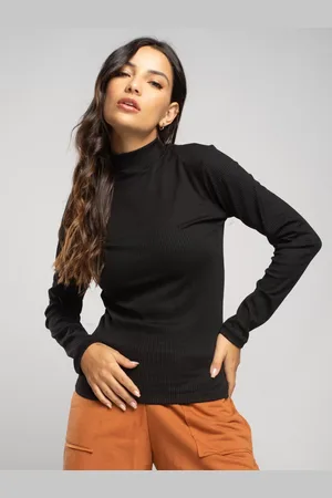 Vicbela Blusa Feminina Canelada Gola Alta Manga Longa Básica