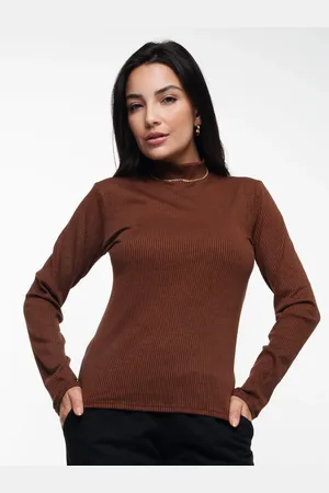 Vicbela Blusa Feminina Canelada Gola Alta Manga Longa Básica