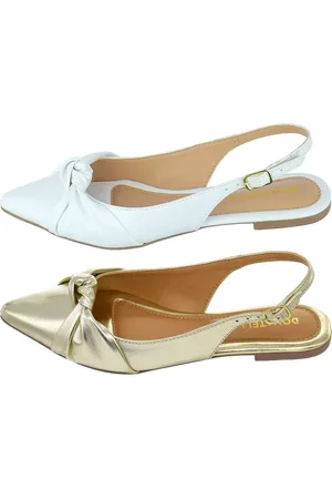 Donatella Shoes Kit 2 Pares Mule Feminino Sapatilha Bico Fino Rasteira Slingback Nó Ouro Light e Branco