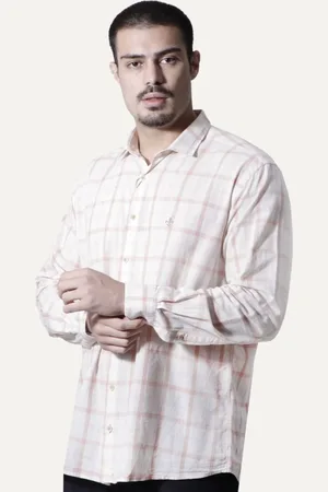Dudalina Camisa Masculina Comfort Slub Cotton Xadrez Salmão Off-White