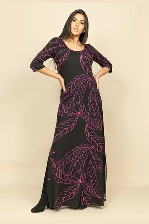 Amazonia Vital Vestido Longo Malha Gola Canoa Manga 3/4 Estampa Antúrios Lilás