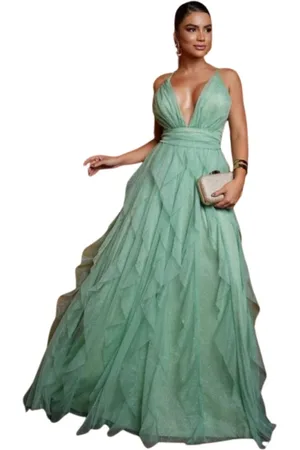 Cia do Vestido Vestido Longo de Festa Madrinhas Decote em V Babados Camadas Micro Tule Com Brilho Fionne Menta