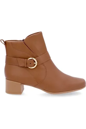 USAFLEX Bota Feminina Em Couro Salto Bloco Cano Curto Fivela AL1102
