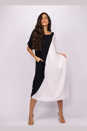 Amazonia Vital Vestido Midi Malha Amplo Bicolor Preto e Branco