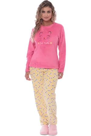 Victory Pijama Feminino Inverno Longo Soft Majestosa Fleece Adulto Rosa e Amarelo