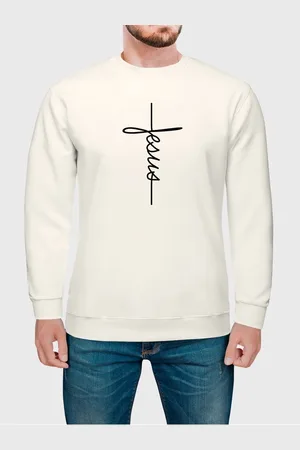 Benellys Moletom Gola Redonda Masculino Flanelado Estampa Jesus Off White