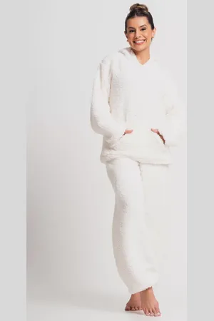 Mvb Modas Pijama Longo Flanelado Feminino Capuz Bolso Teddy Pelucia Off White