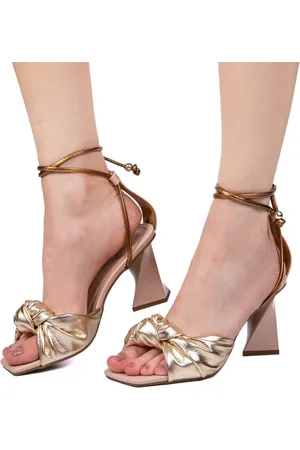 Flor da Pele Sandália Feminina Salto Torcido 182137 Napa Nude e Dourado Metalizado
