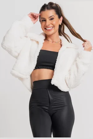 Mvb Modas Casaco Flanelado Feminino Cropped Aberto Teddy Pelucia Off White
