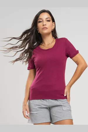 Vicbela Blusa Canelada Manga Curta Gola Redonda Vinho