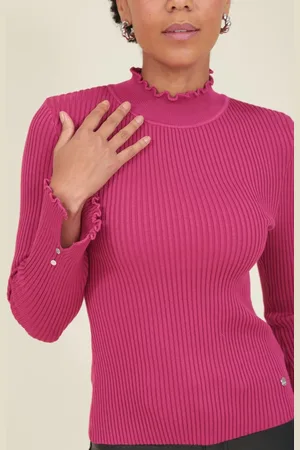 Pop Me Blusa Tricô Canelado Gola Alta Barra Frufru