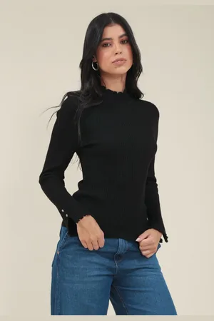Pop Me Blusa Tricô Canelado Gola Alta Barra Frufru