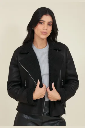 Pop Me Jaqueta Biker em Material Sintético com Pelo Interno