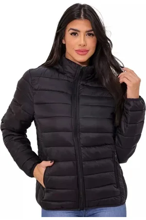 Cia do Vestido Jaqueta Acolchoada Nylon Bomber Feminina Impermeável Forrada Com Capuz Removível Preta