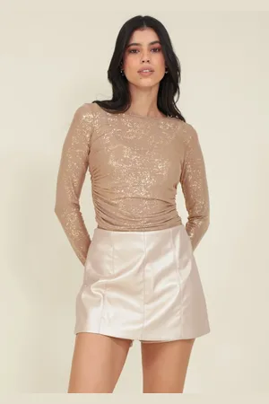 Pop Me Blusa em Tule Foil Manga Longa e Franzido Lateral