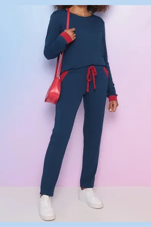 Maria Paes Conjunto Calça e Blusa Manga Longa Marinho e Vermelho