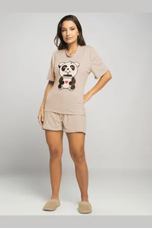 RB Moda Pijama Curto Feminino Manga Curta Malha Suede Adulto Vicbela Bege