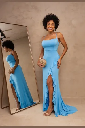 Cia do Vestido Vestido Longo de Festa Convidadas de Casamento Frente Única com Fenda e Babados Antoneli Turquesa
