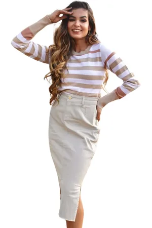 Cia do Vestido Saia Midi Jeans Cintura Alta Detalhe Lateral Tubinho Creme