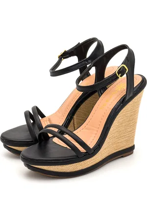 Flor da Pele Sandália Feminina Salto Anabela Com Tiras 190804 Napa Preta