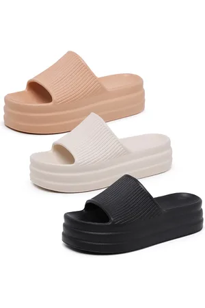 OUSY SHOES Kit 3 Pares Chinelo Slide Nuvem Feminino Ultra Leve Macio Confortável Preto, Off-White e Caramelo