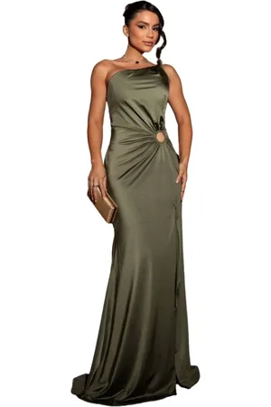 Cia do Vestido Vestido Longo de Festa um Ombro Detalhe lateral com Fenda Elegante Helenié Verde Oliva