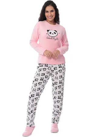 Victory Pijama Feminino Inverno Longo Soft Majestosa Fleece Adulto Rosa e Branco