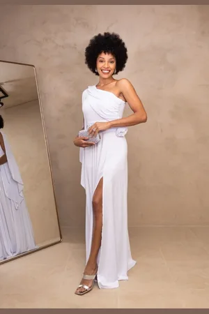 Cia do Vestido Vestido Longo de Noiva Noivado Casamento Civil Um Ombro com Flor Removível Fluity Elegante Florrine