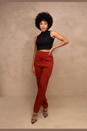 Cia do Vestido Calça Alfaiataria Cintura Alta Skinny Office Elegante Trabalho Zar Telha
