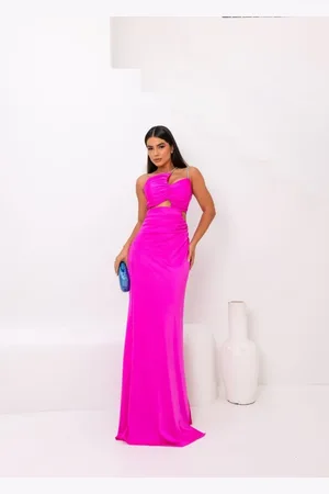 Cia do Vestido Vestido Longo de Festa Madrinhas Assimétrico Recortes Festa Sensual Rainélla Rosa Pink
