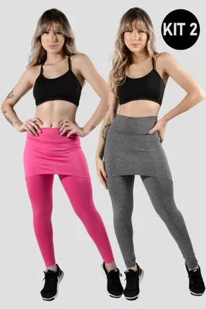 4 Estações Kit 2 Calças Legging Saia Lisa Feminino Academia Fitness Malhar Cinza/Rosa