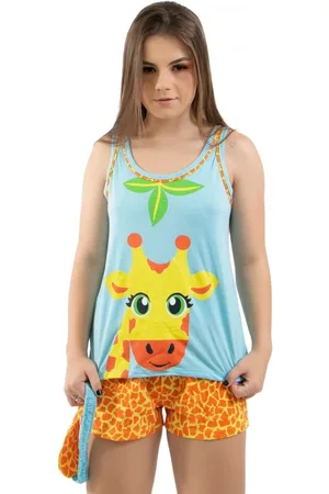 4 Estações Baby Doll Estampado Estampa Girafa Pijama Curto Short e Regata Verão