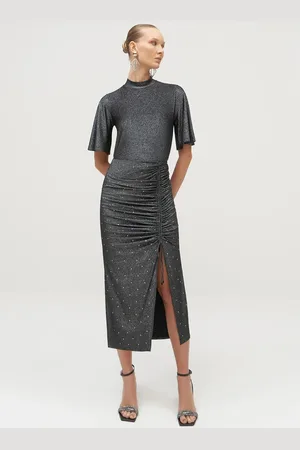 LEZ A LEZ Saia Midi Franzida em Malha Brilho com Strass