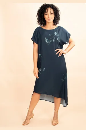 Amazonia Vital Vestido Midi Plano Pétalas De Azul Marinho