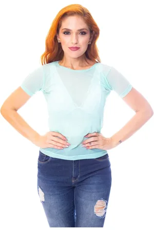 Moda Vício Blusa Moda Vicio Gola Careca Manga Curta Tule Claro